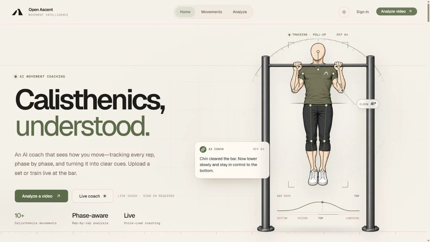 Open Ascent landing page introducing AI calisthenics coaching with an illustrative pose-tracked pull-up