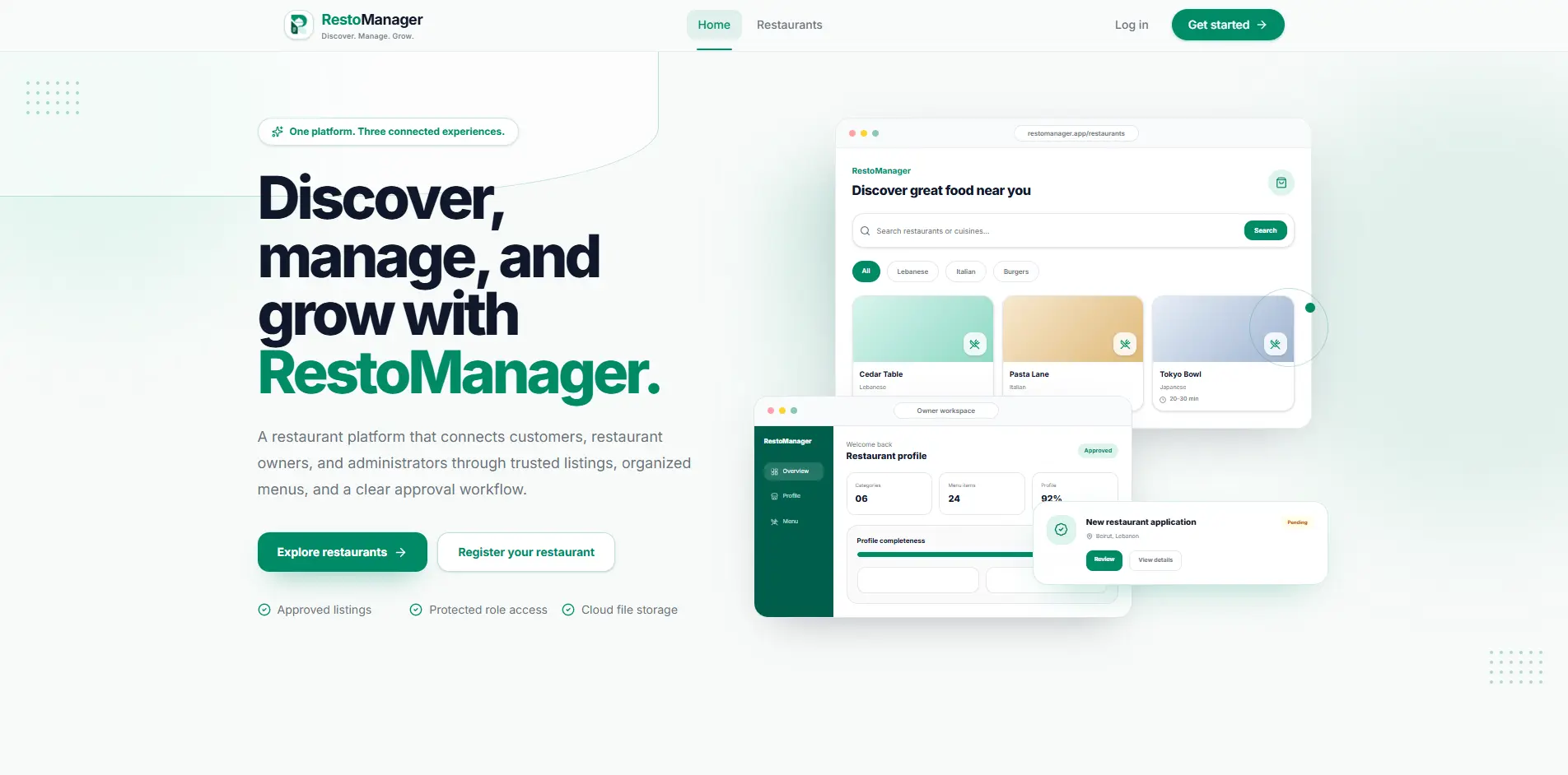 RestoManager landing page showing customer discovery, owner workspace, and administrator review interfaces